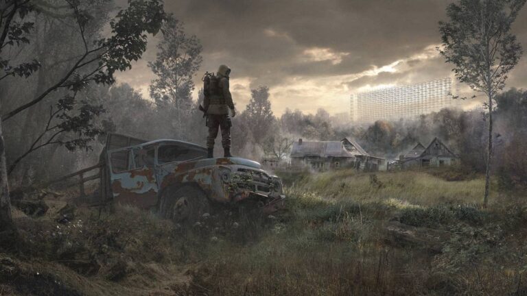 Stalker-2-Heart-of-Chornobyl-artwork-depicts-a-player-standing-atop-a-car-by-what-we-can-assume-to-be-the-Chernobyl-Exclusion-Zone,-or-nearby.-(1)